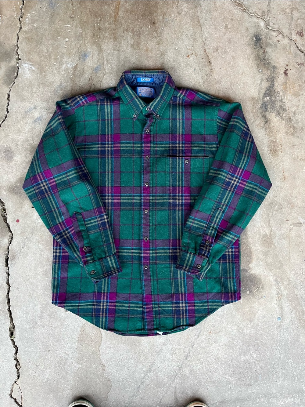 Vintage Pendleton Lobo Wool Board Shirt USA Made Large Green Purple Plaid